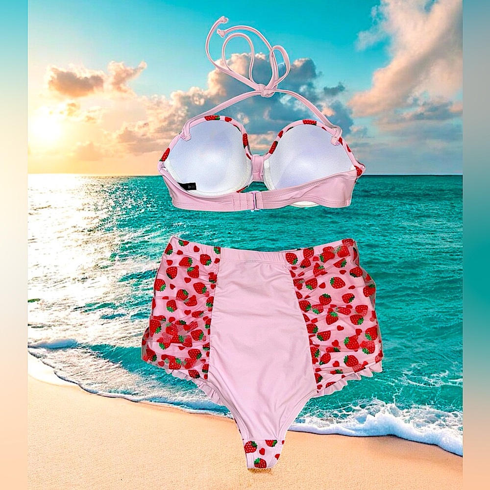 Hot Topic Strawberry Print Bikini - Pink and Red - Picture 2 of 3